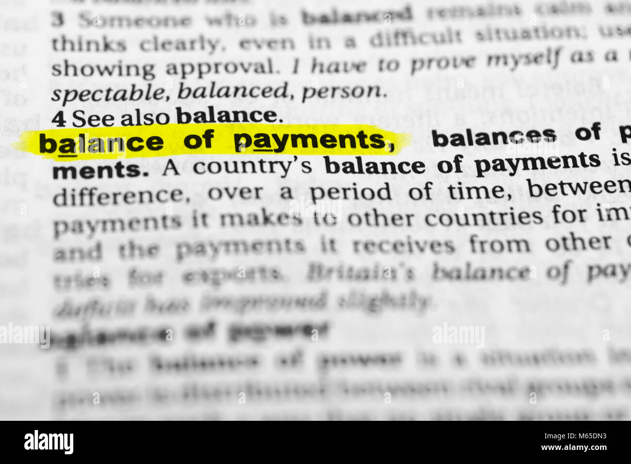 highlighted english word "balance of payments" and its definition in