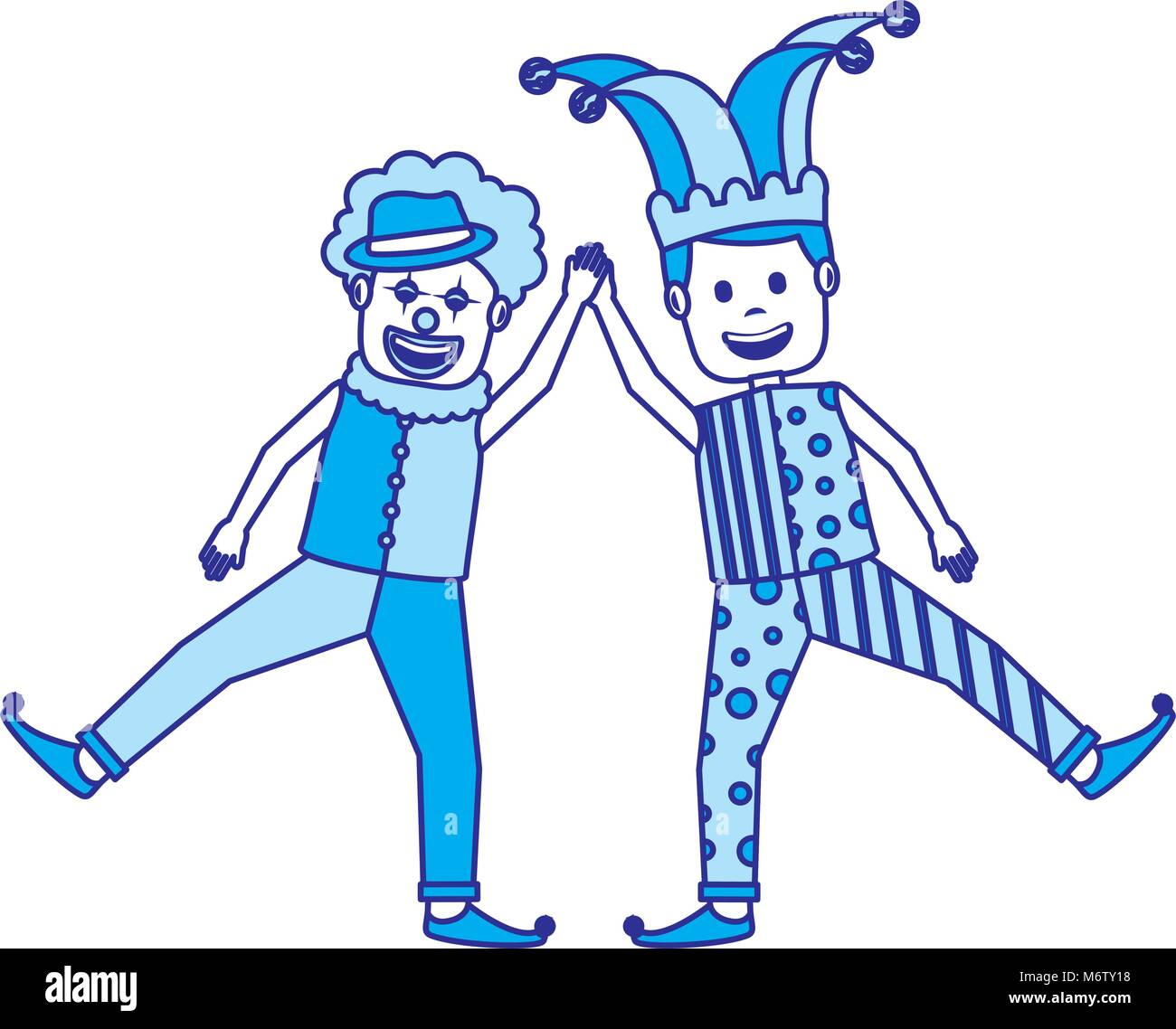 funny happy clown and man with jester clothes hat characters vector