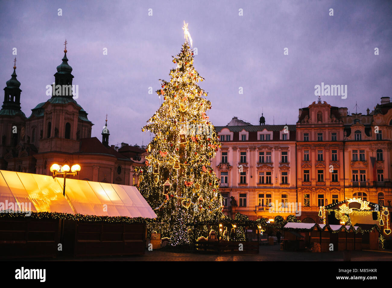 Decorated Christmas Tree Stands On The Main Square In Prague During New Year Holidays Decorated Christmas Tree Stands On The Main Square In Prague During New Year Holidays