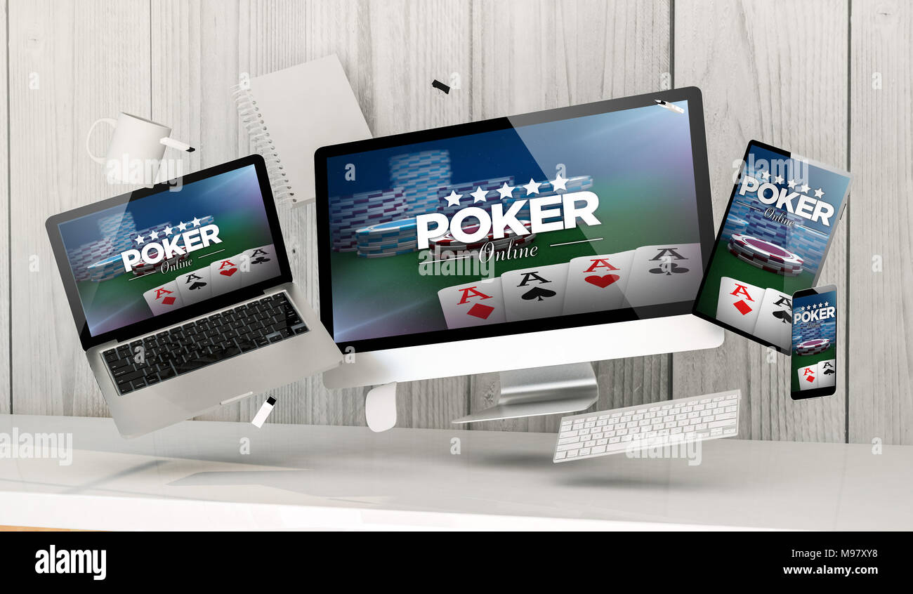 3d rendering of office stuff floating showing poker online website ... Rendering 3d online