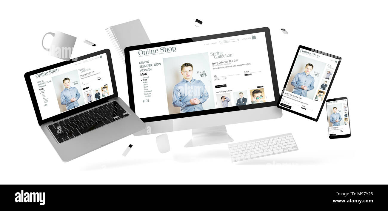 Office stuff and devices floating with online shop isolated 3d ... Rendering 3d online