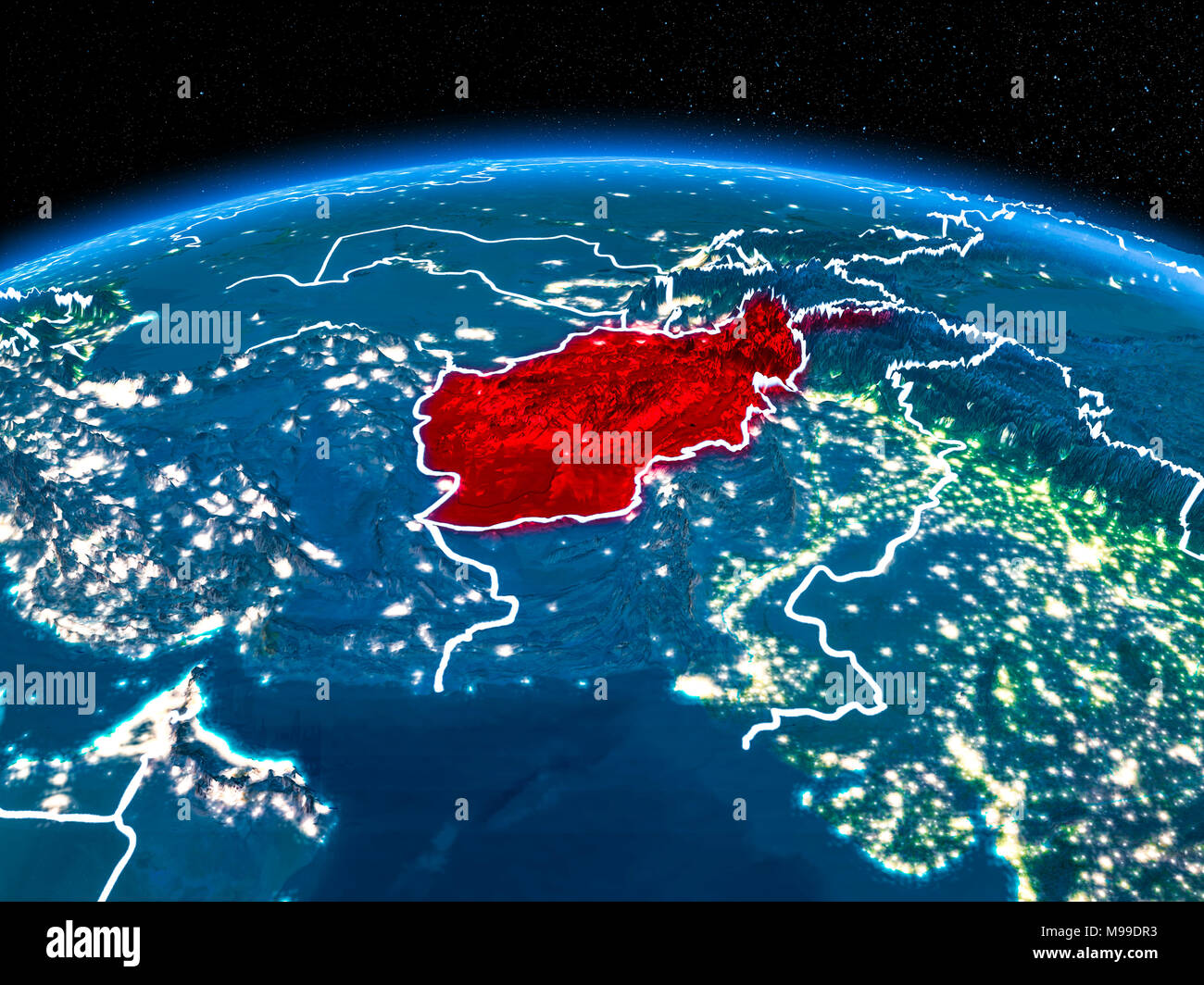 Orbit View Of Afghanistan Highlighted In Red With Visible Borderlines