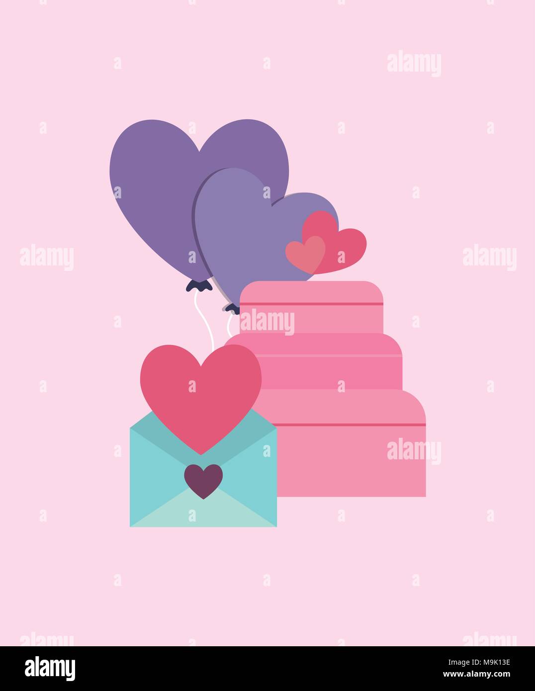 Wedding Cake And Love Letter Over Pink Background Colorful Design