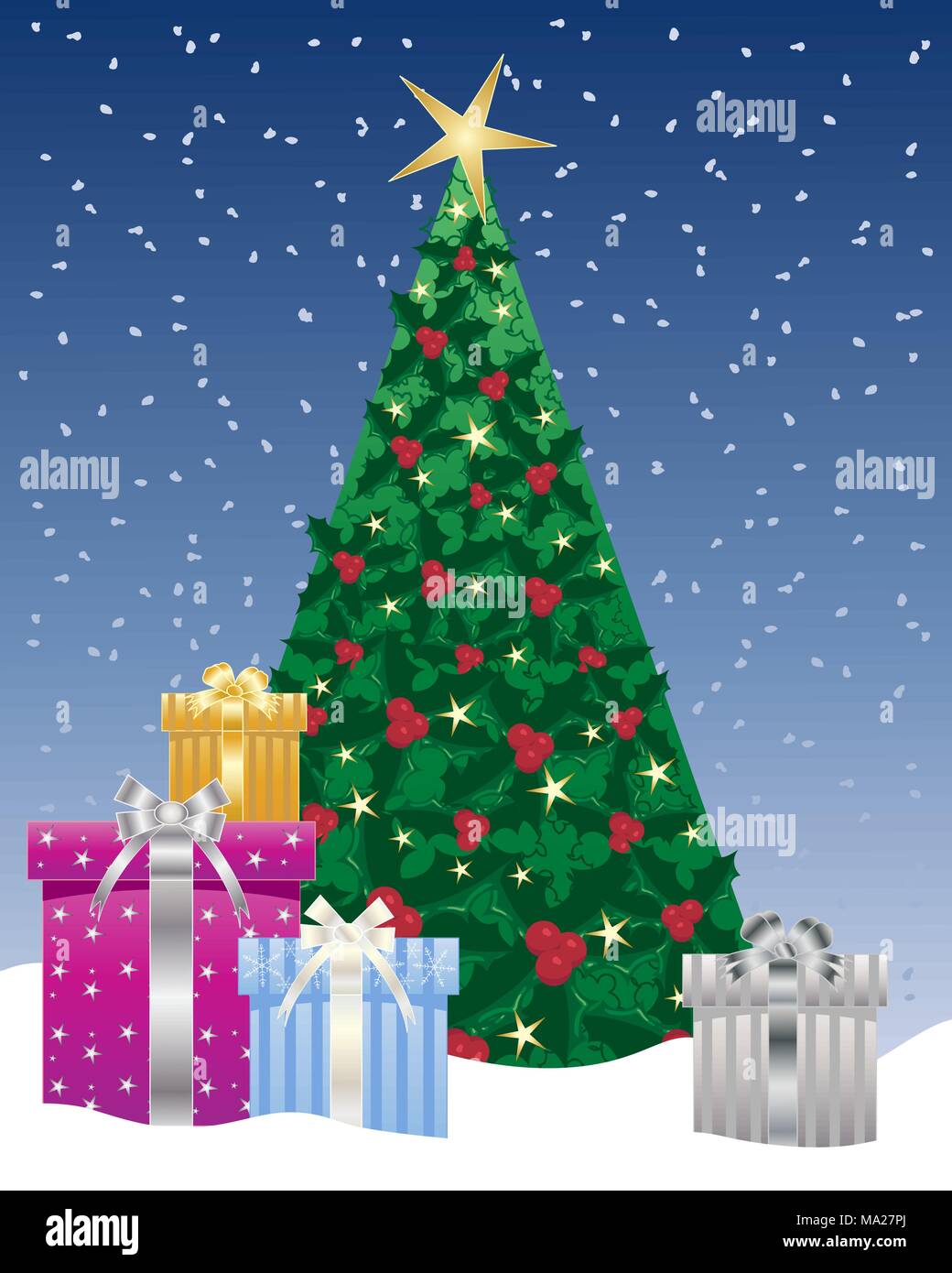 An Illustration Of A Holly Christmas Tree With Foil Wrapped Gifts Around Its Base Under Night Time Snowy Sky An Illustration Of A Holly Christmas Tree With Foil Wrapped Gifts Around Its Base Under Night Time Snowy Sky