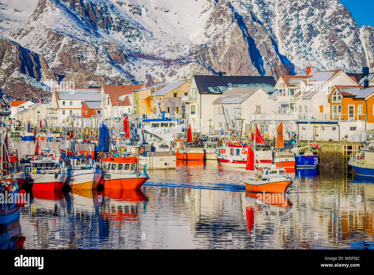 Henningsvaer Norway April Outdoor View Of Fishing Port In