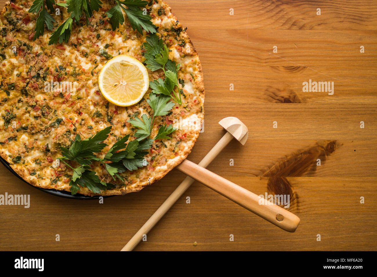 Turkish Traditional Pizza Lahmacun With Minced Or Lamb Meat Stock Photo