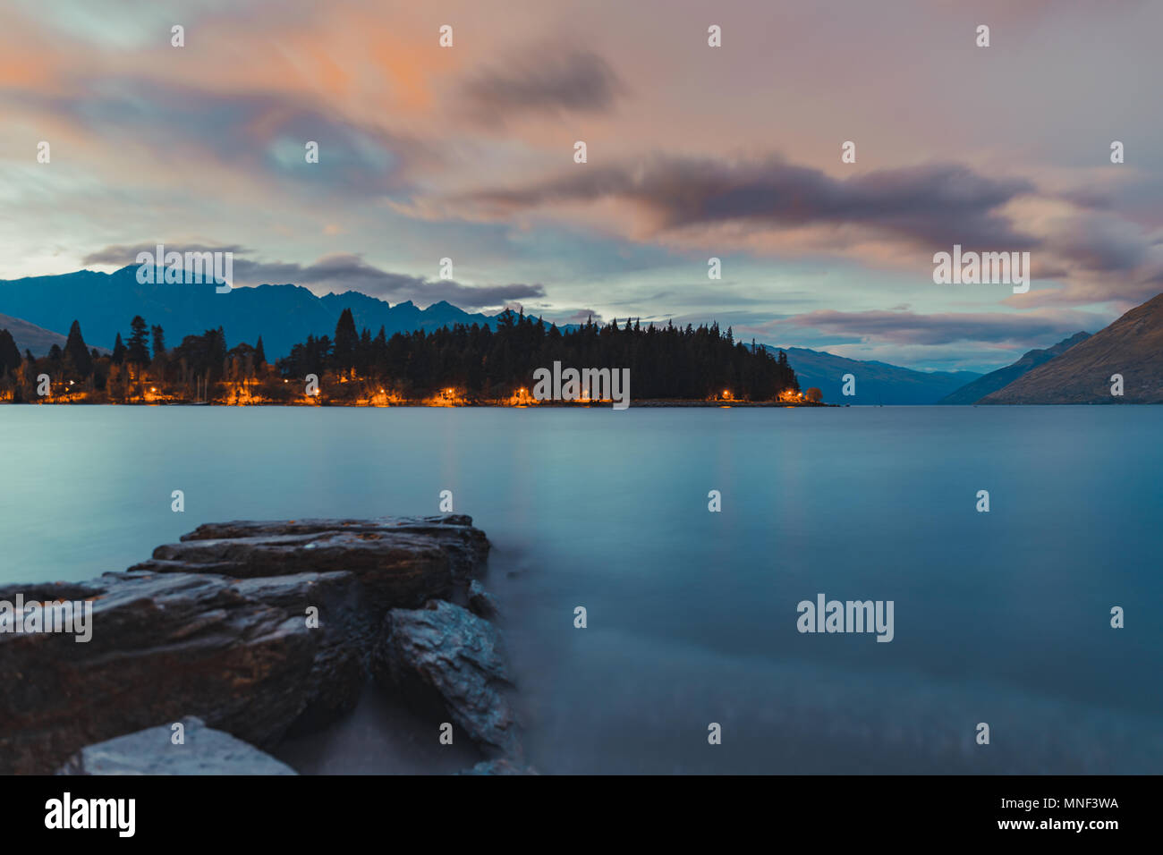 Sunset At Lake Wakatipu Queenstown New Zealand Landscape Stock Photo