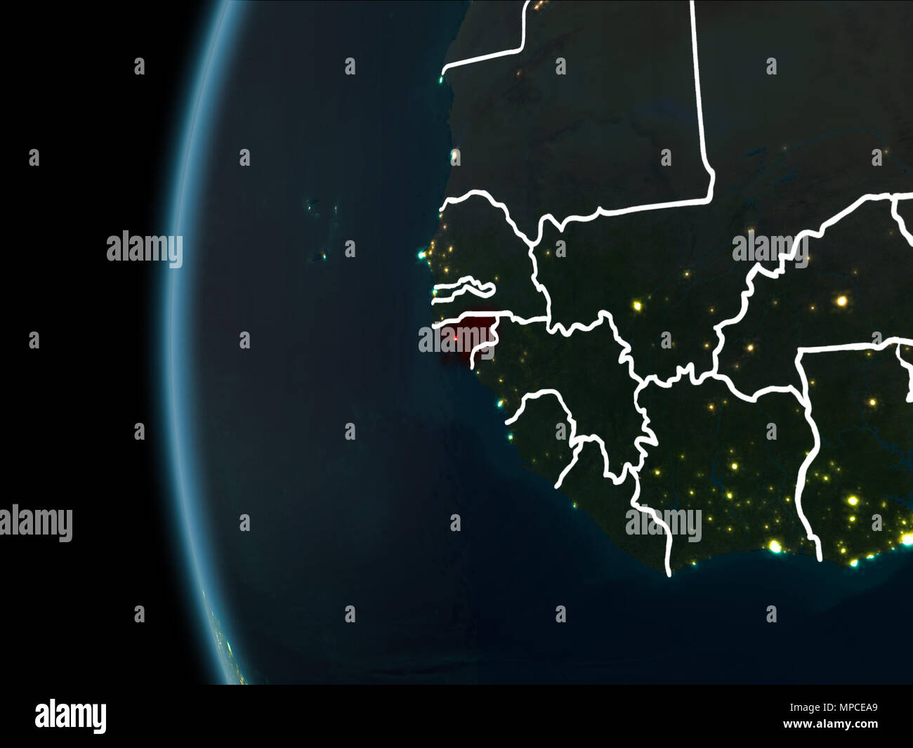 Orbit View Of Guinea Bissau Highlighted In Red With Visible Borderlines