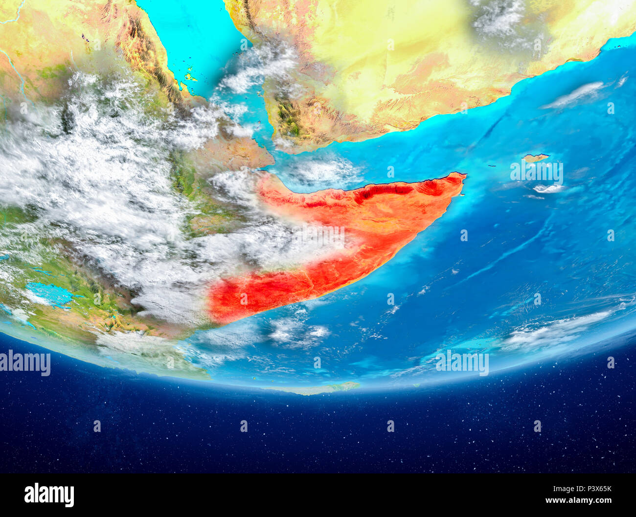 Somalia Highlighted In Red On Planet Earth With Clouds 3D Illustration