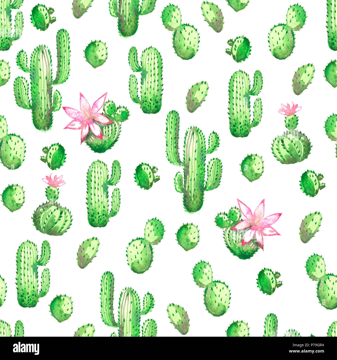 A Seamless Watercolor Pattern With Green Cactus On A White Background