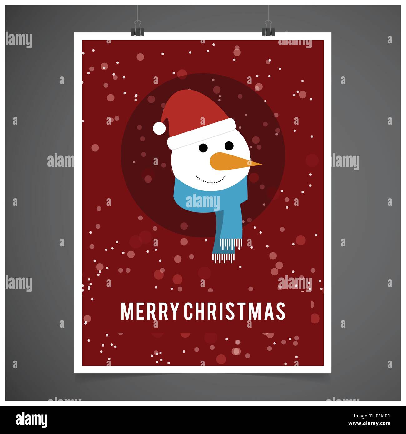 Christmas Card With Snow Man And Red Snowy Background For Web Design