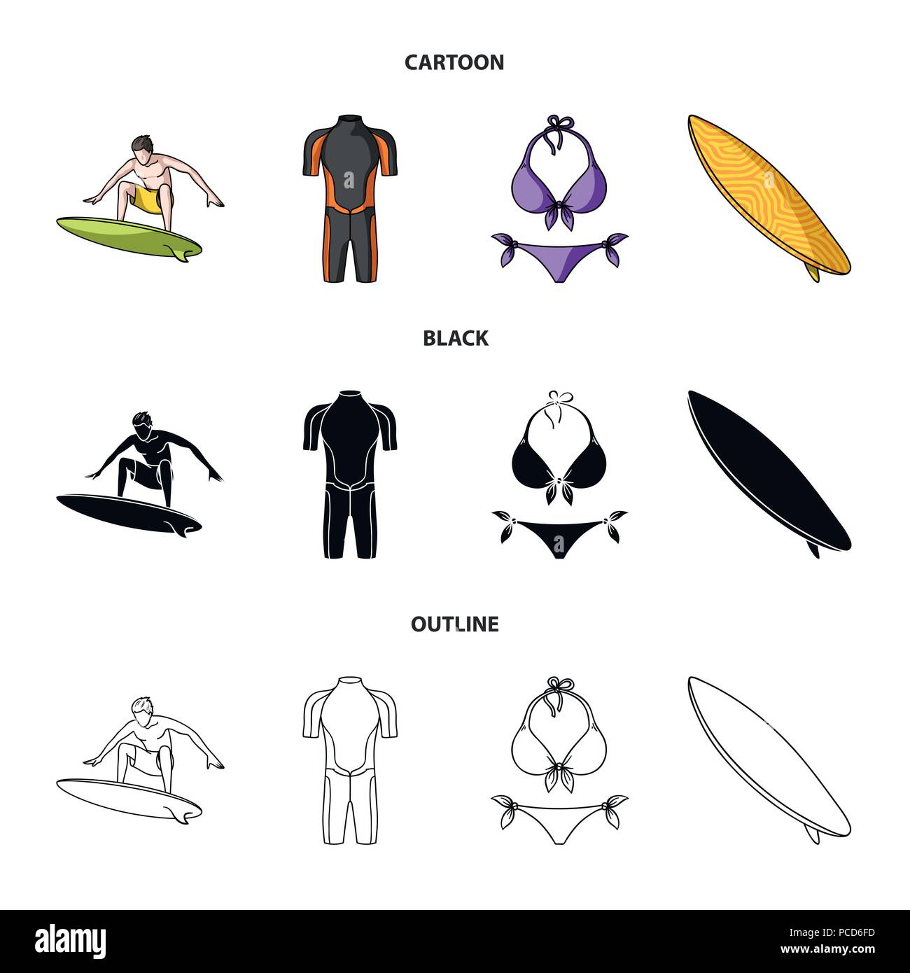 Surfer Wetsuit Bikini Surfboard Surfing Set Collection Icons In