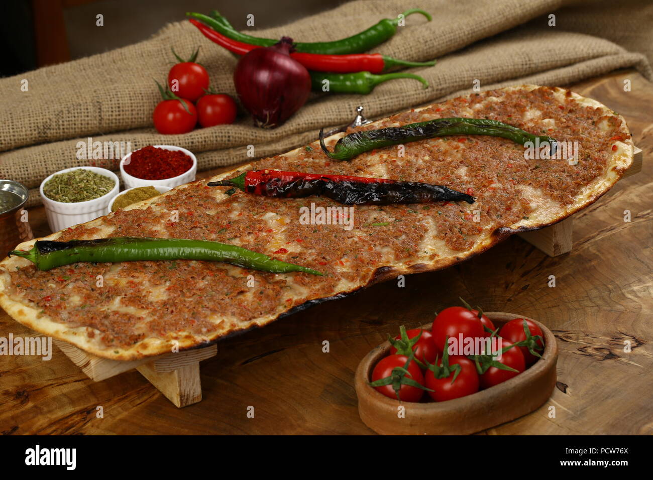 Turkish Pizza Pide With Minced Meat Kiymali Pide Pita Stock Photo