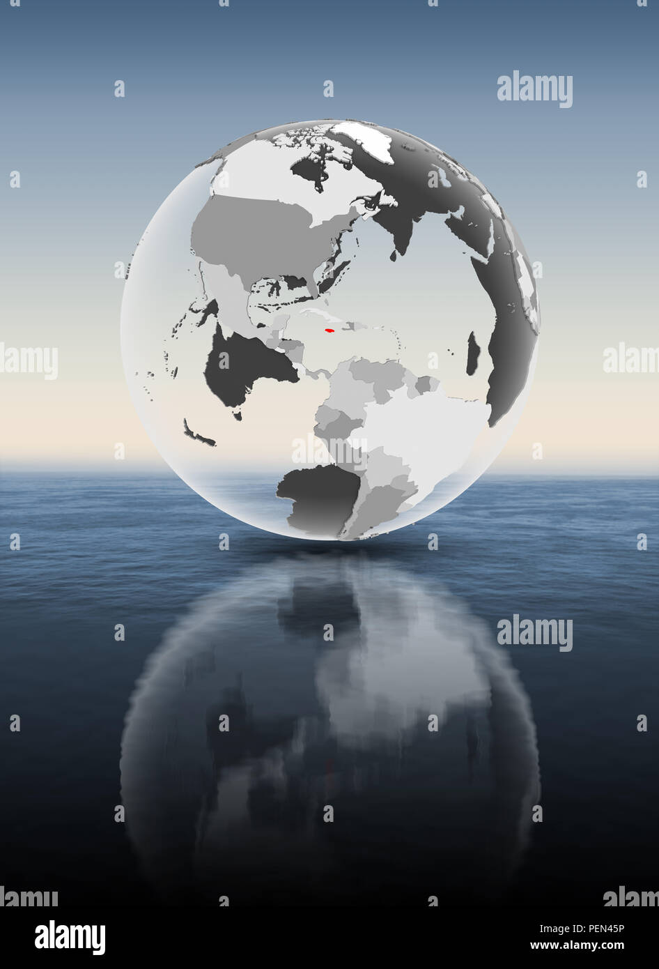 Jamaica In Red On Translucent Globe Floating Above Water 3D