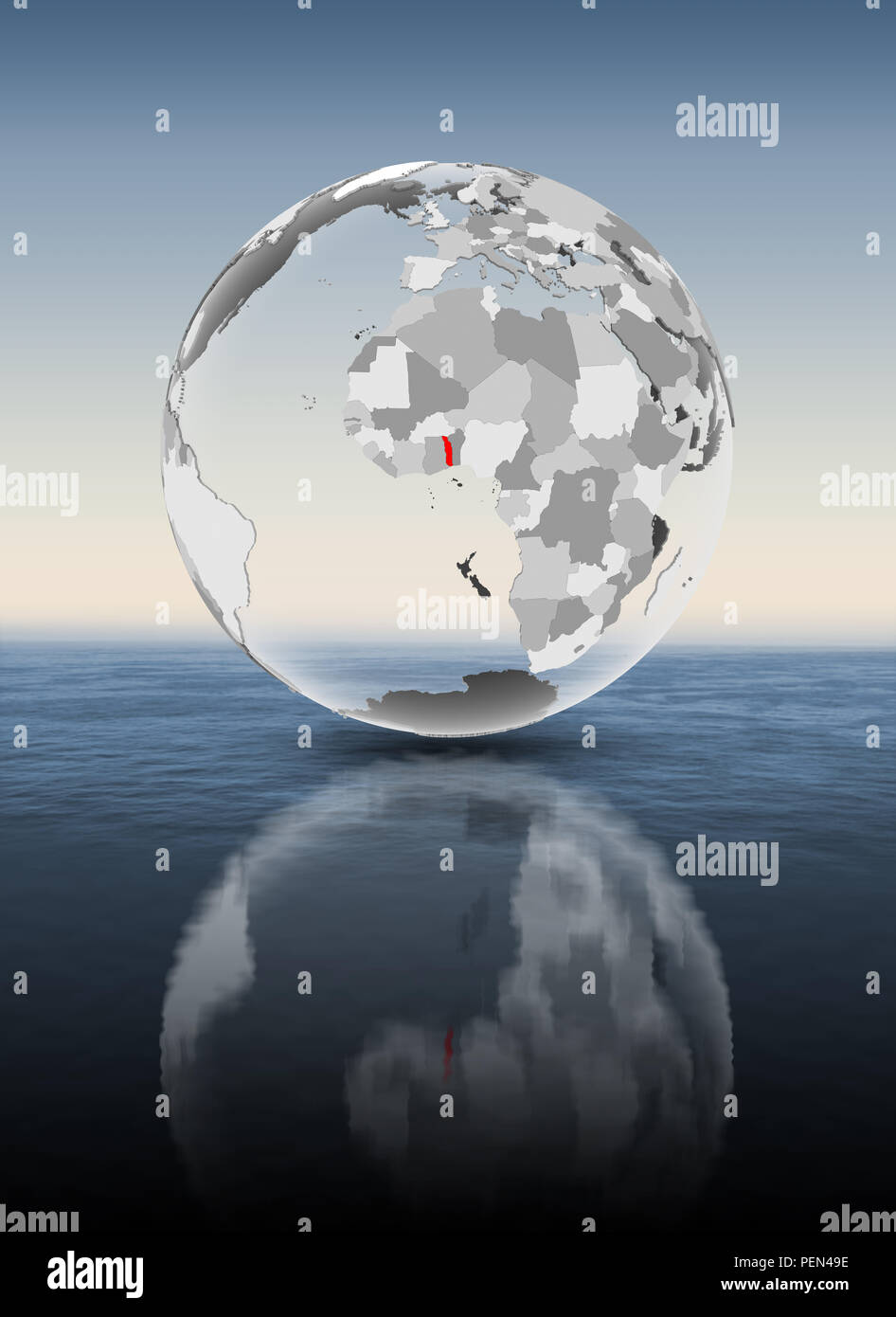 Togo In Red On Translucent Globe Floating Above Water 3D Illustration