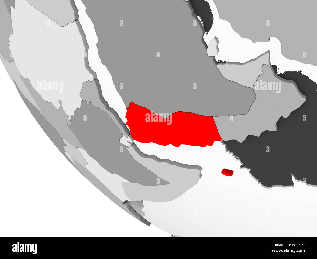 Yemen In Red On Simple Grey Political Globe With Visible Country