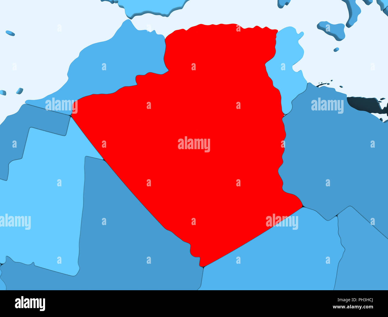 Algeria In Red On Blue Political Map With Transparent Oceans 3D