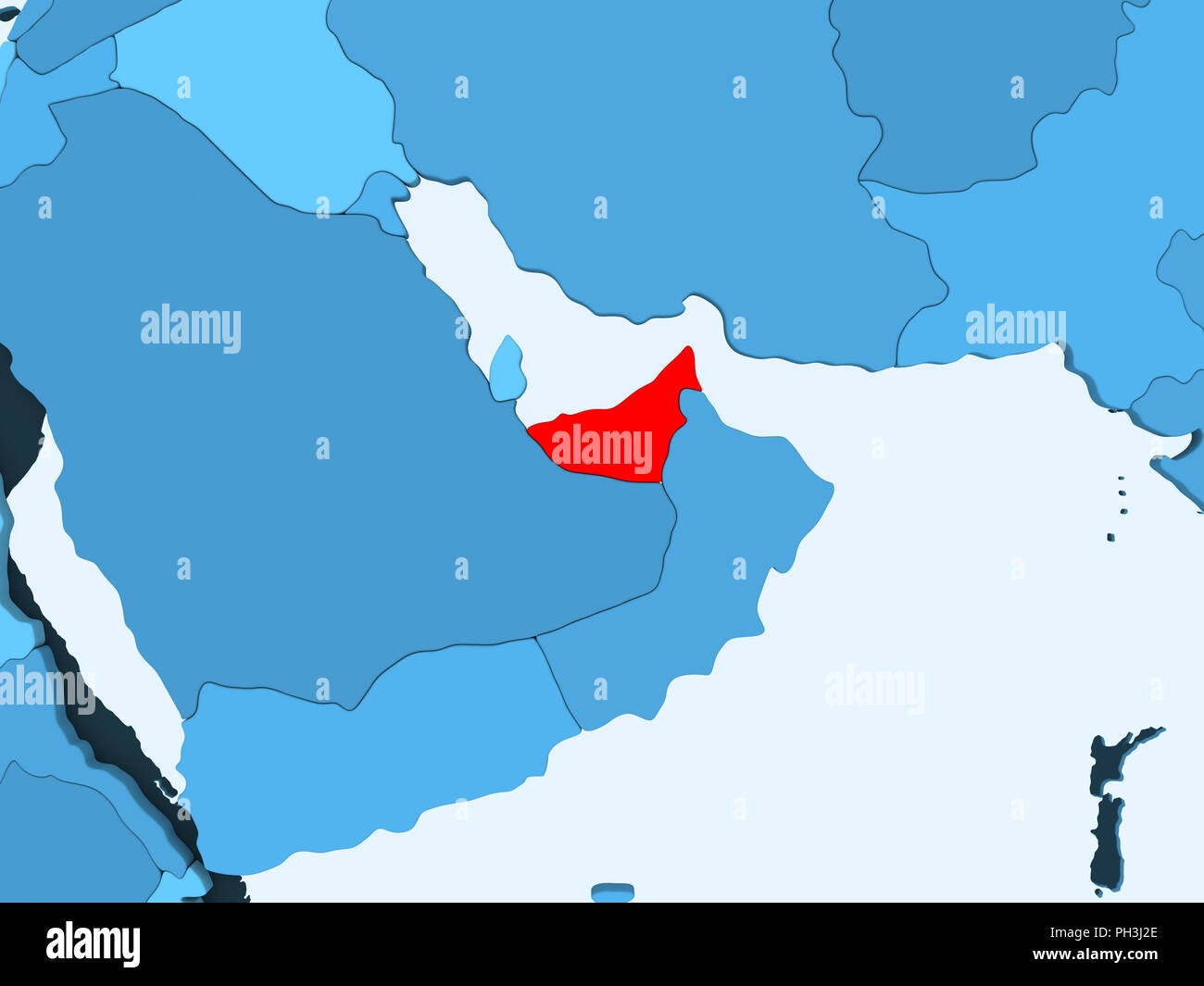 United Arab Emirates In Red On Blue Political Map With Transparent