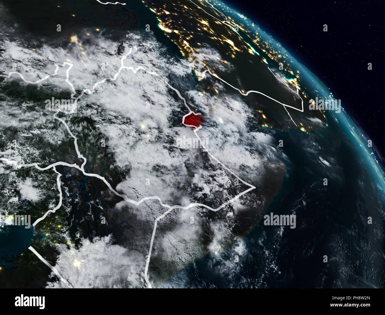 Djibouti From Space At Night With Visible Country Borders 3D