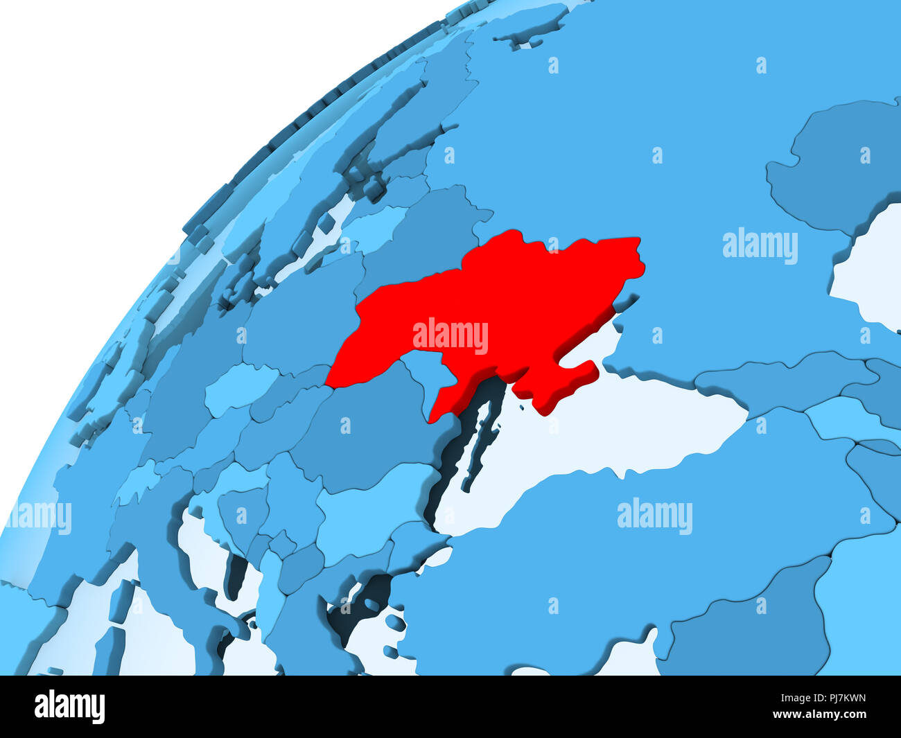 Ukraine In Red On Blue Model Of Political Globe With Transparent Oceans