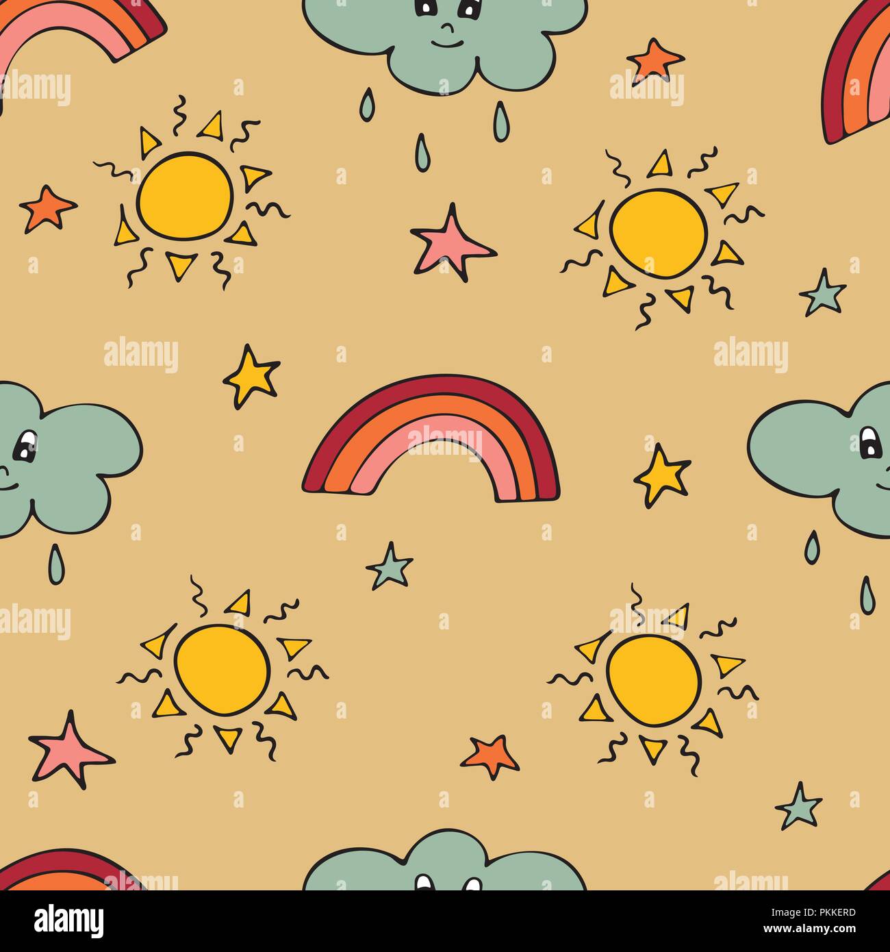 Lovely Seamless Pattern With The Hand Drawn Sun Clouds Rainbows And