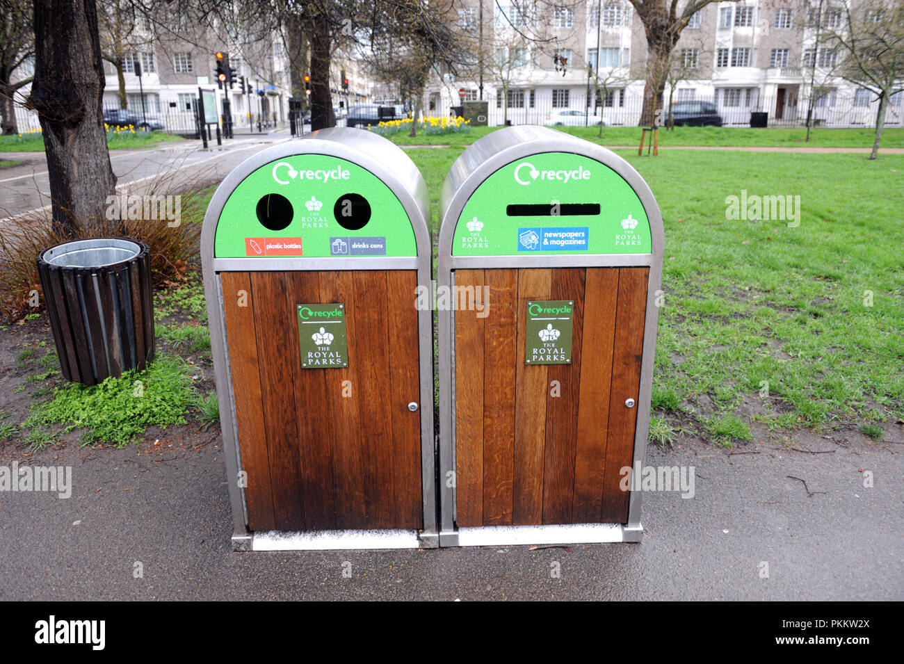 Recycling Bins For Plastic Bottles Metal Drinks Cans And Newspapers In