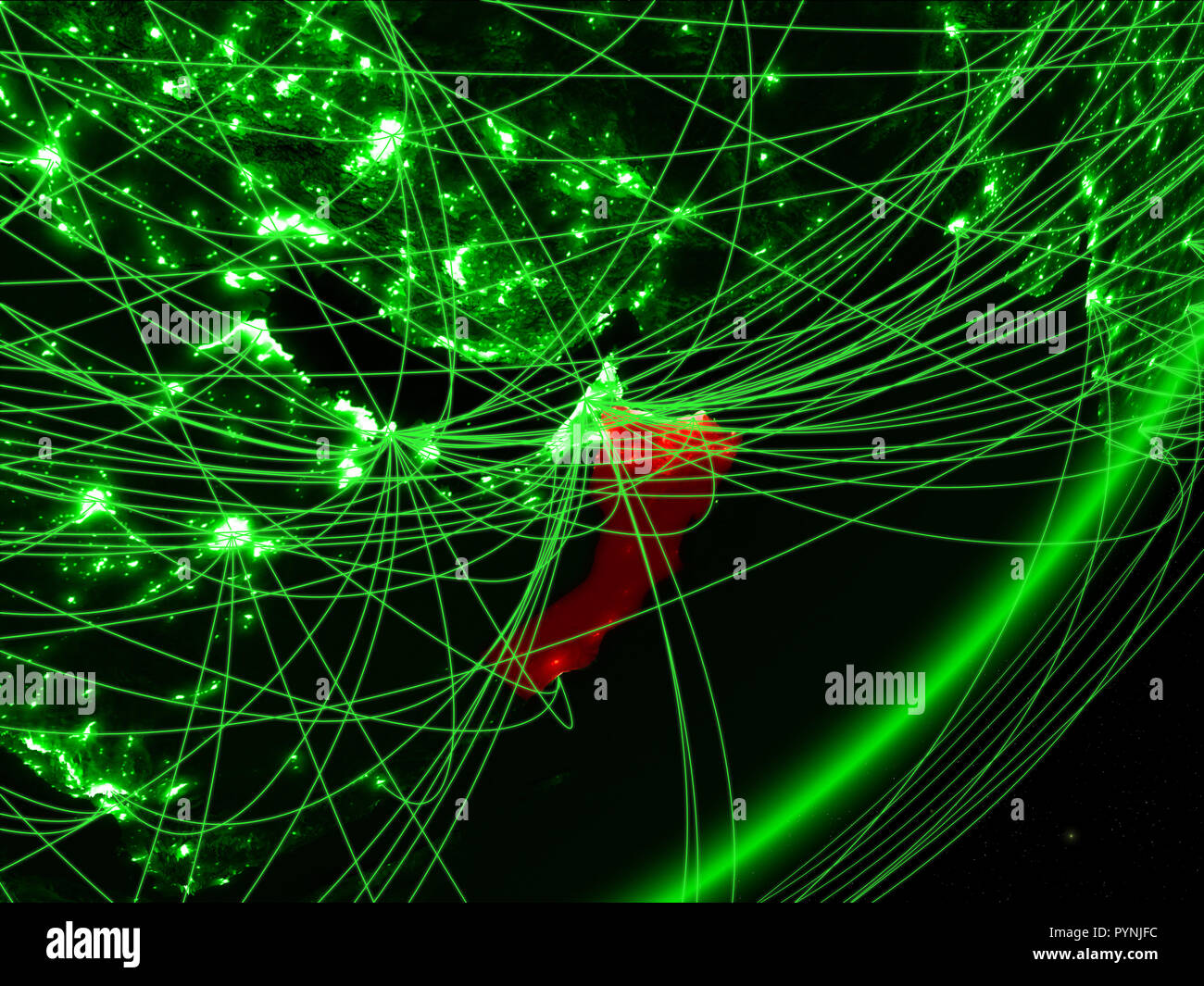 Oman On Green Model Of Planet Earth With Network At Night Concept Of