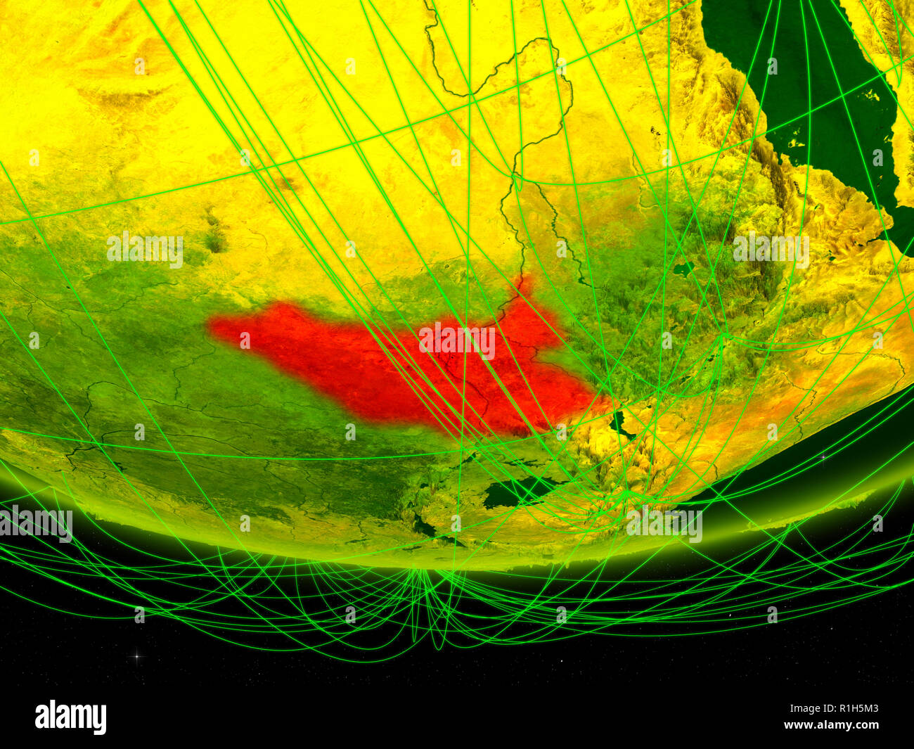 South Sudan On Green Model Of Planet Earth With Network Representing