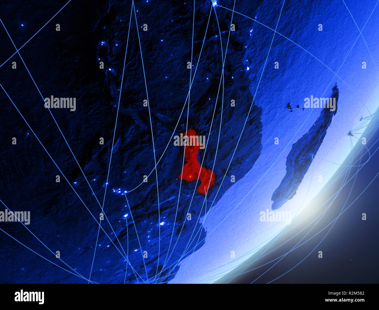 Malawi On Green Model Of Planet Earth With Network At Night Concept Of