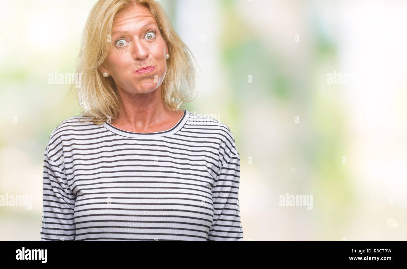 Middle Age Blonde Woman Over Isolated Background Puffing Cheeks With