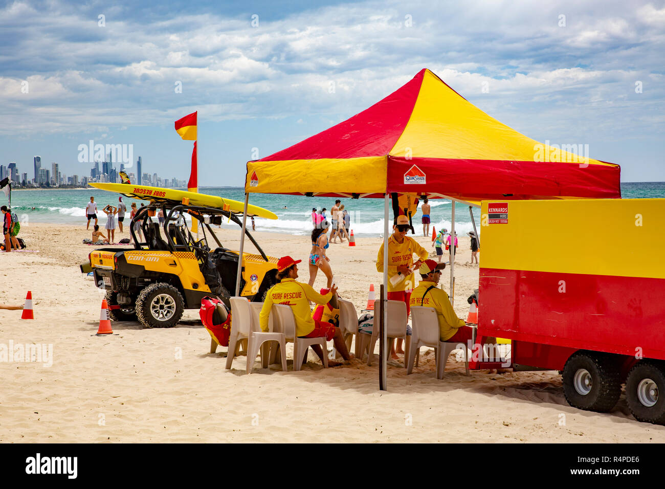 Surf Rescue Lifeguards On Burleigh Heads Beach With Surfers Paradise In