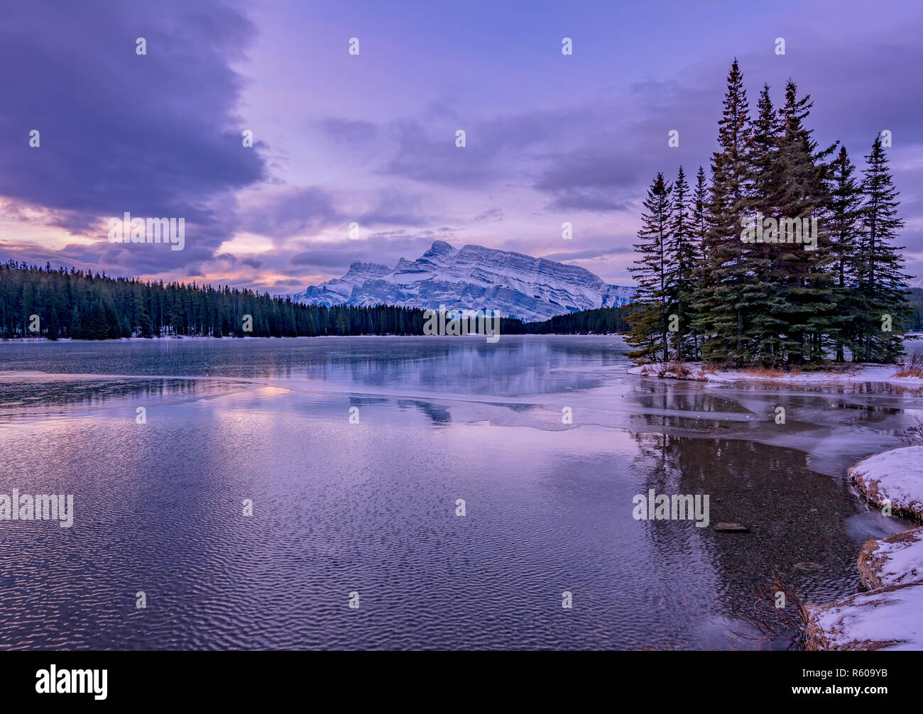 Sunrise At Two Jack Lake With A View To Mt Rundle In Banff National