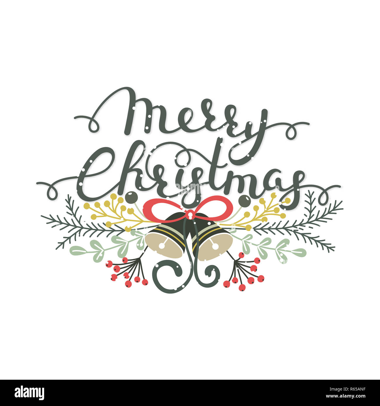 Merry Christmas Handwritten Lettering Hand Drawn Herbs And Bells