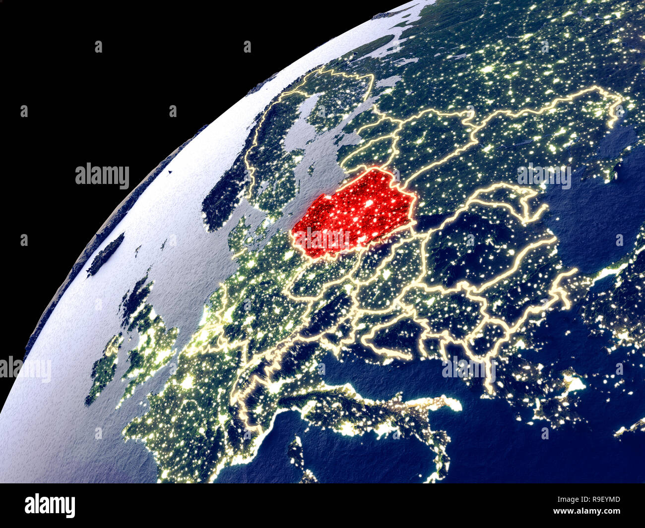 Satellite View Of Poland On Earth With City Lights Extremely Detailed