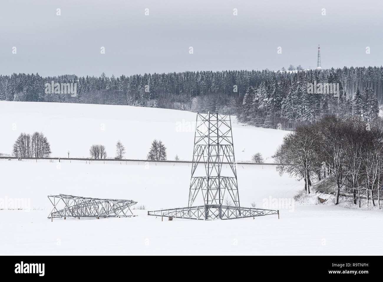 Construction Of High Voltage Pylons In Winter Assembled Power