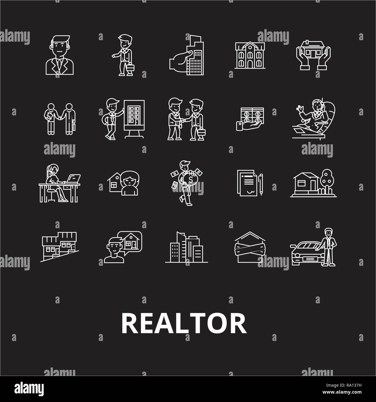 Realtor Editable Line Icons Vector Set On Black Background Realtor