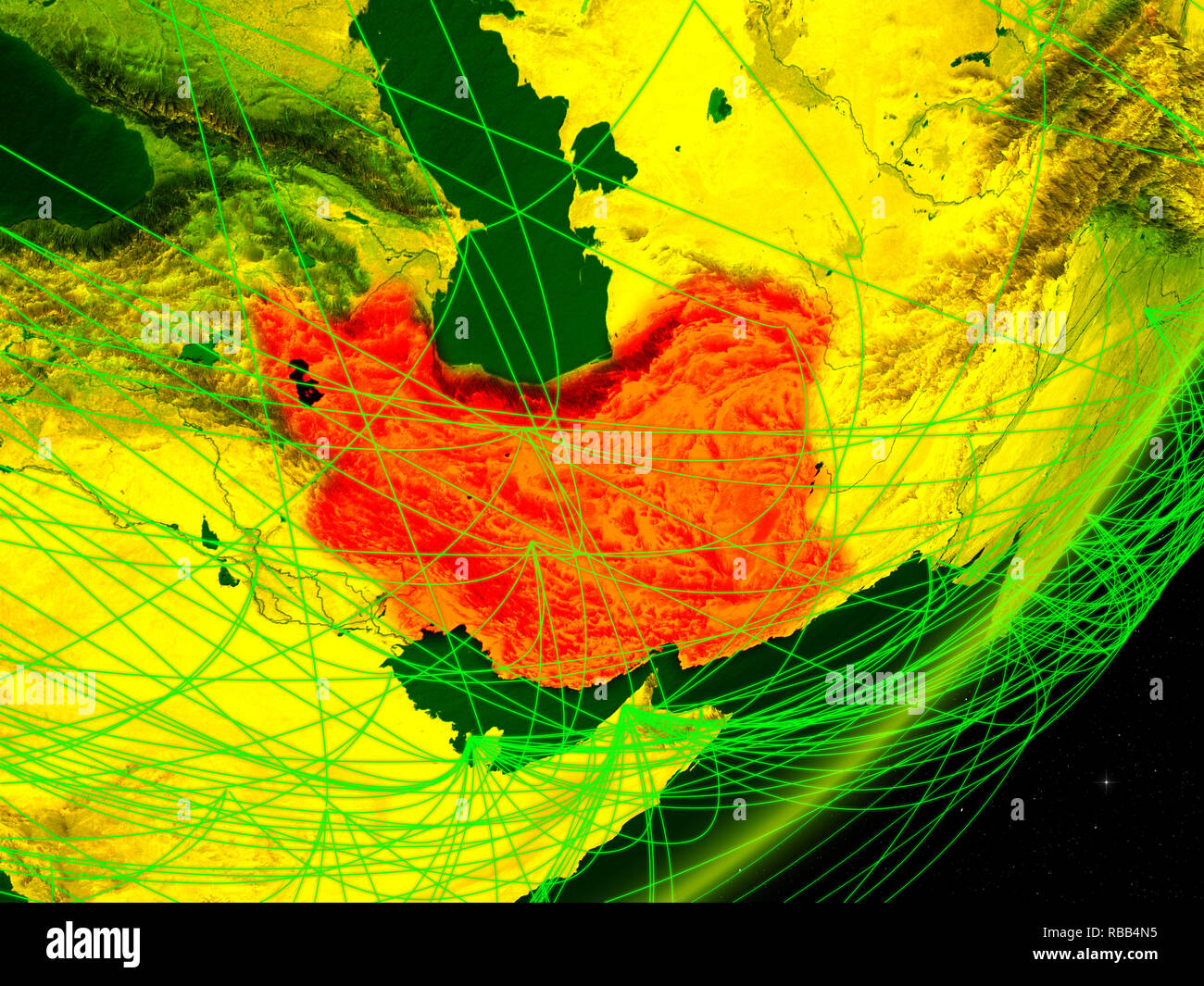 Iran On Green Model Of Planet Earth With Network At Night Concept Of