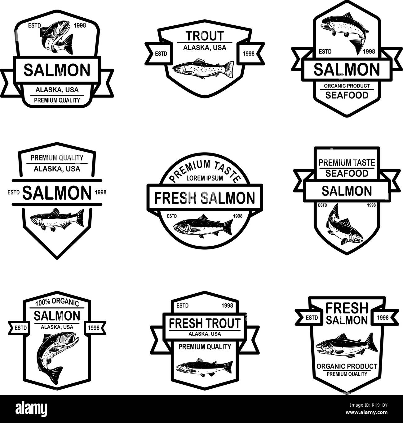 Set Of Salmon Trout Fish Labels Design Element For Logo Label Sign