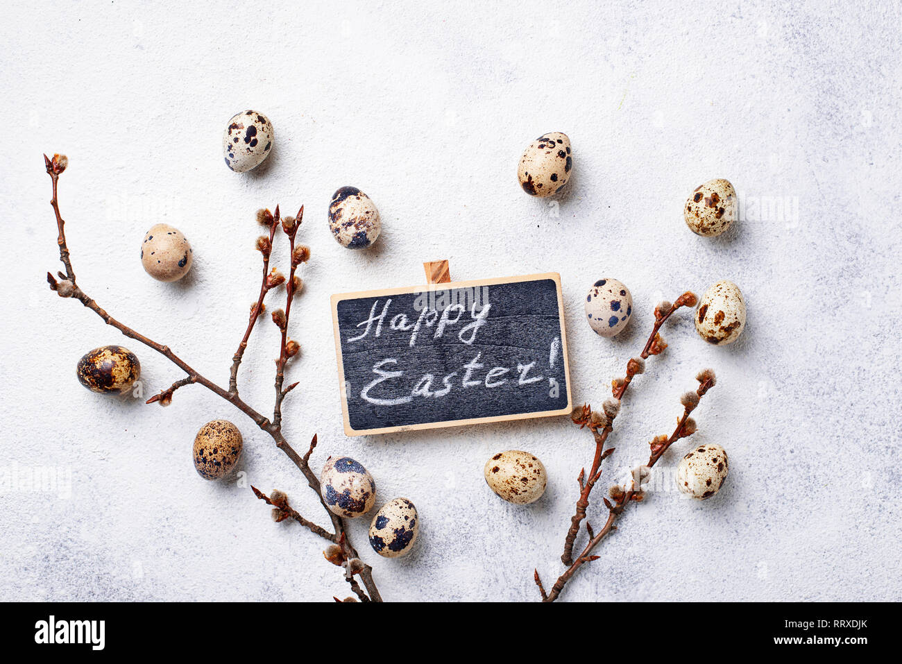 Easter Background With Quail Eggs And Pussy Willow Stock Photo Alamy