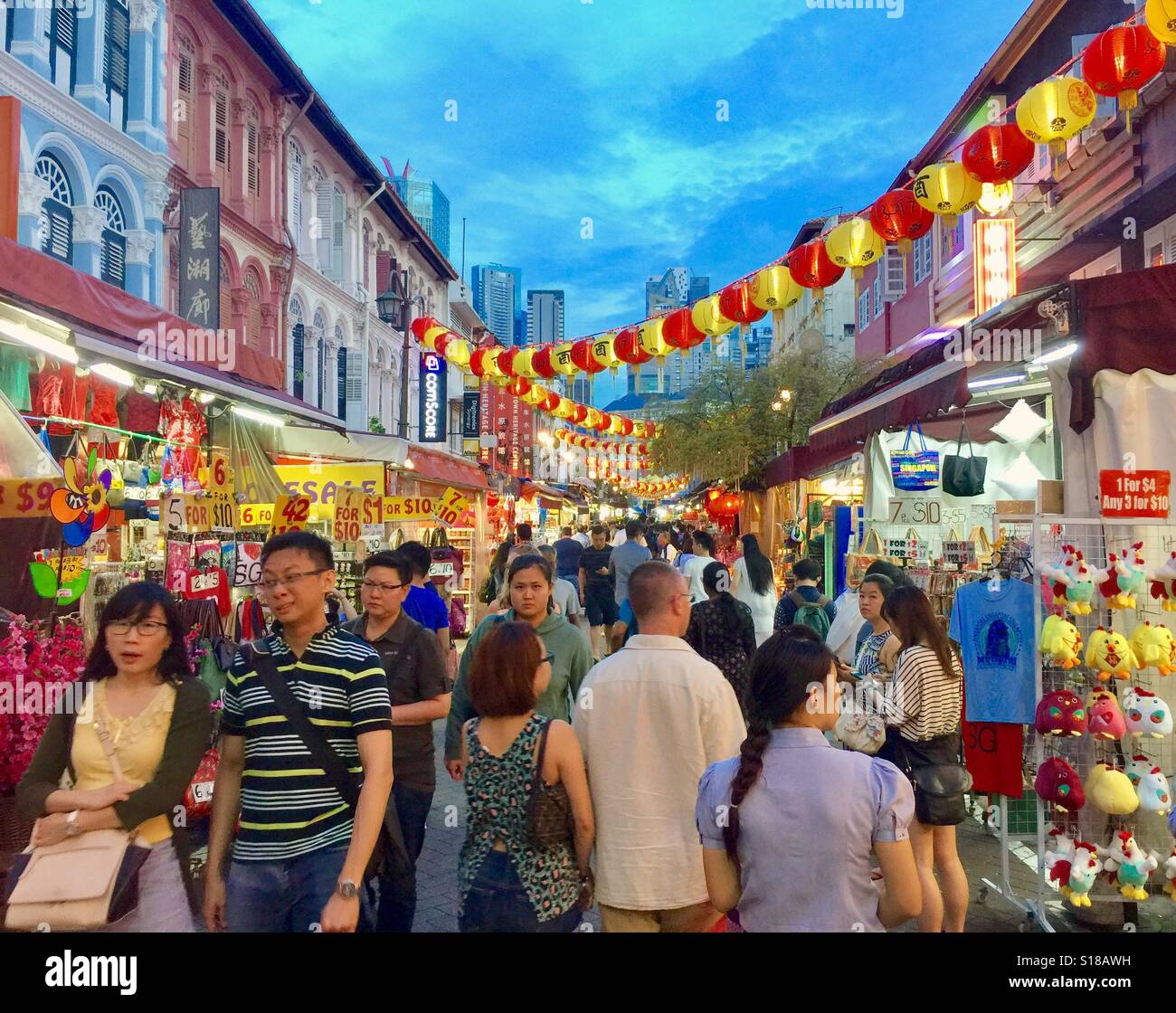 Singapore Chinatown Night Market in evening twilight, Pagoda Street