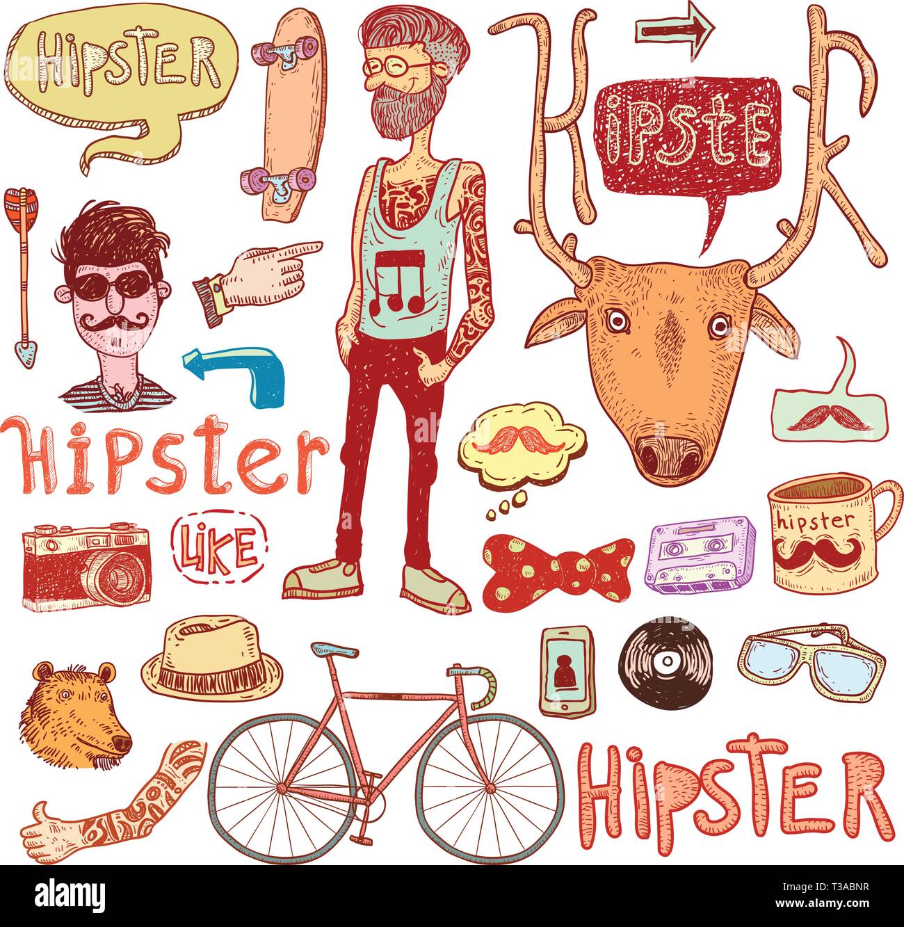 Hipster Doodle Set Hand Drawn Illustration Stock Vector Image Art