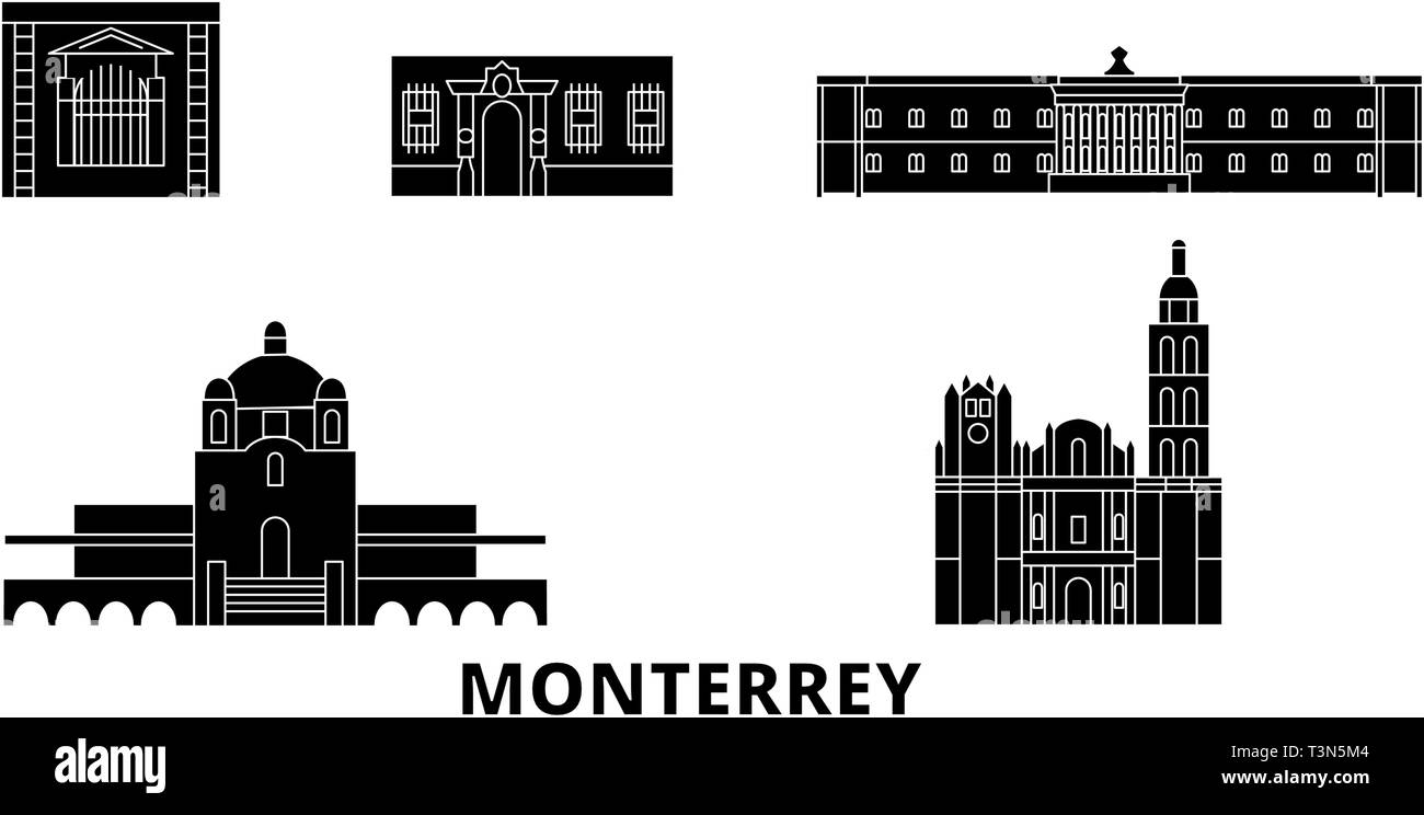 Mexico Monterrey Flat Travel Skyline Set Mexico Monterrey Black City