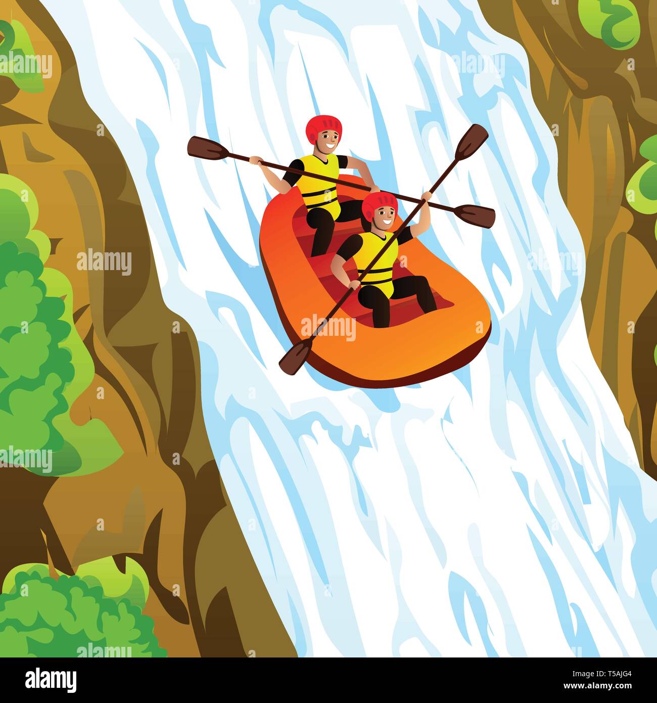 Friends Rafting In Mountains Concept Background Cartoon Illustration