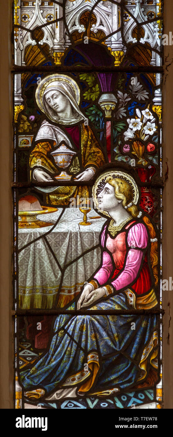 Stained Glass Window Detail Of Mary At Table Church Of Saint Margaret