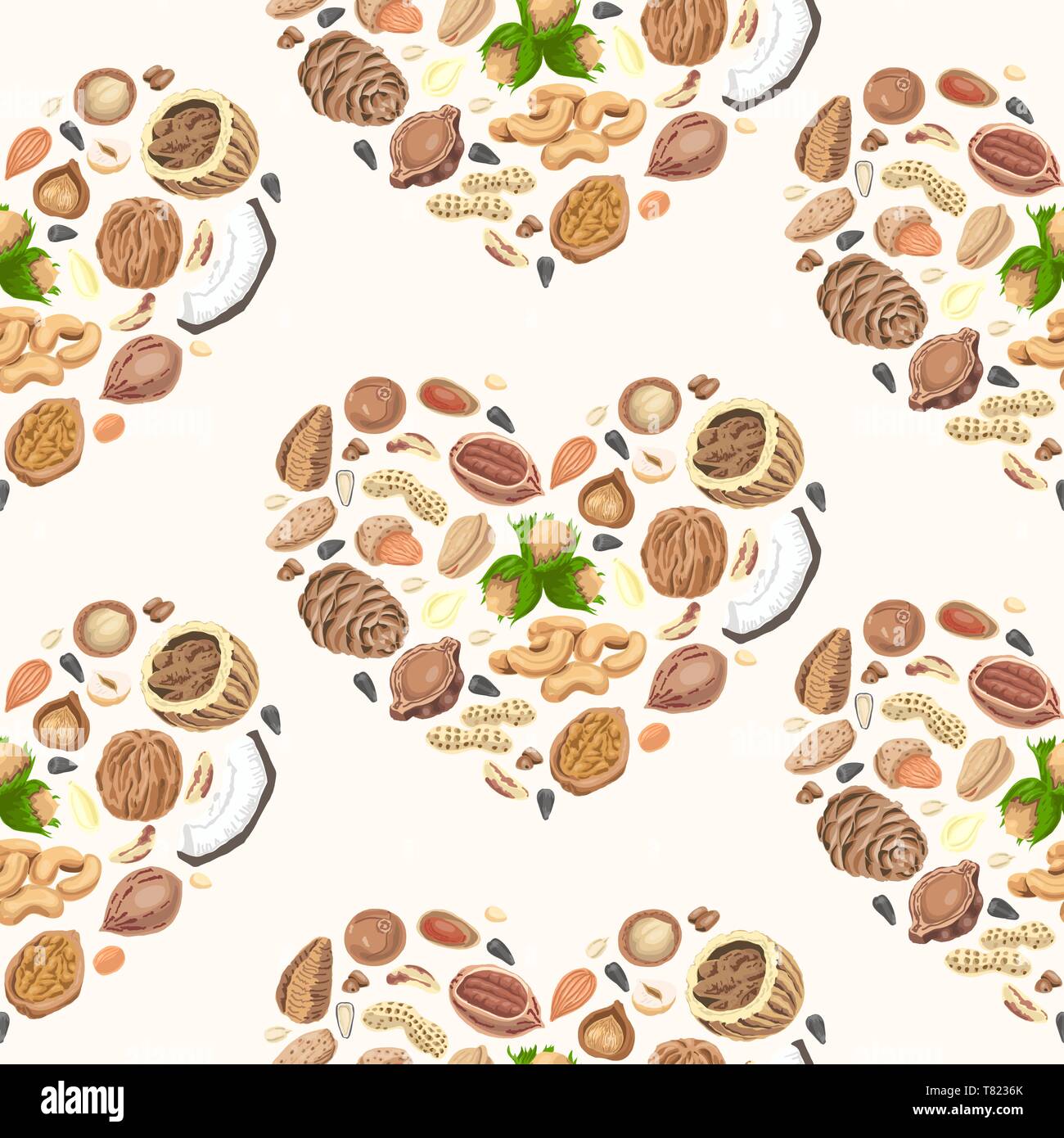 Seamless Pattern With Colored Nuts And Seeds Vector Illustration For