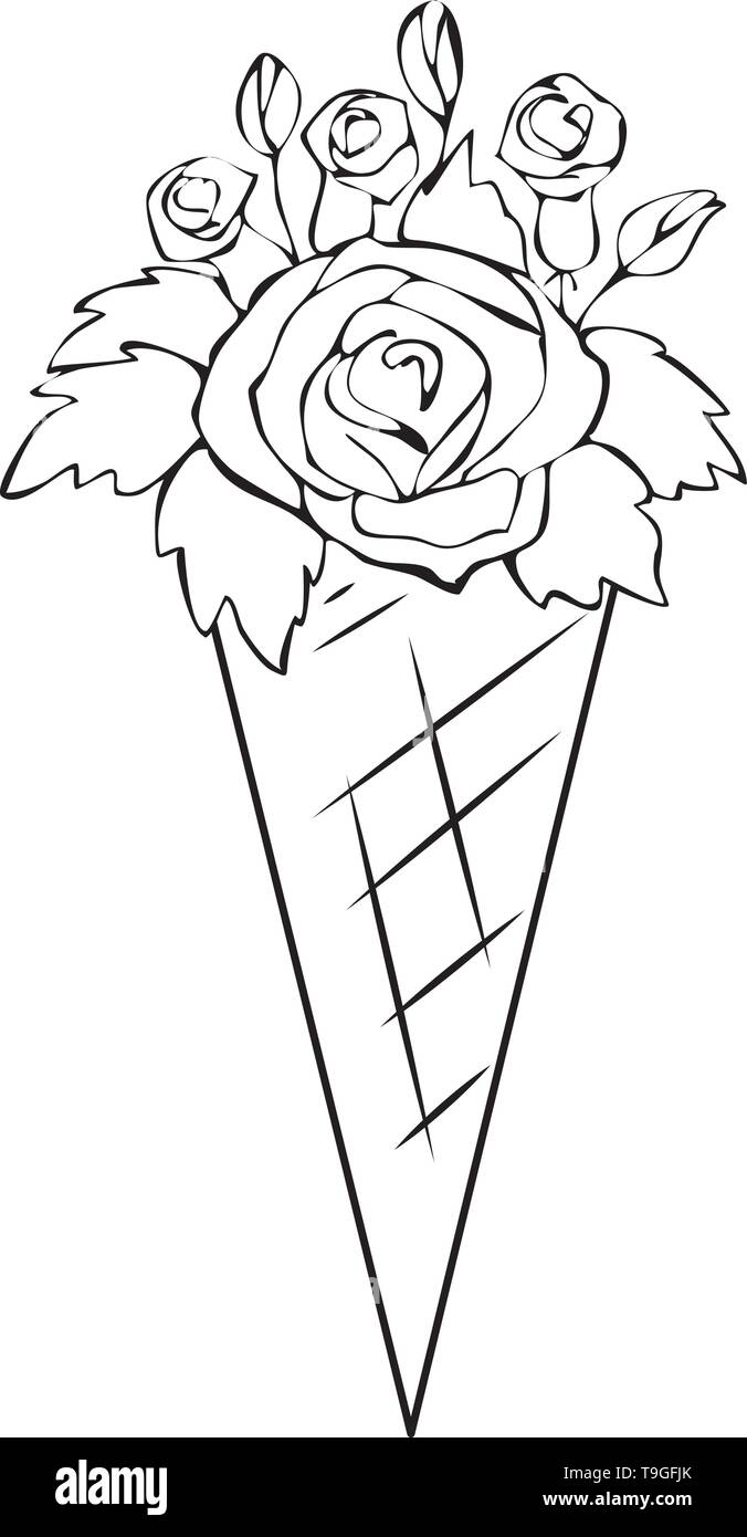 Illustration Of Flowers In An Ice Cream Cone Roses And Leaves Stock