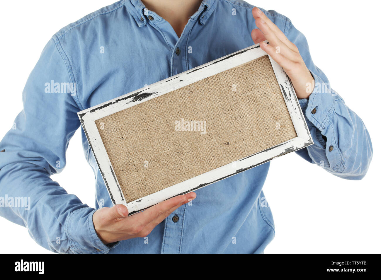 Man Holding Blank Billboard Isolated On White Stock Photo Alamy