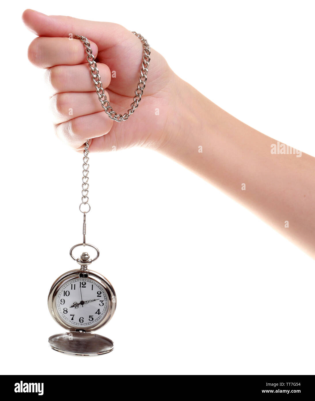 Silver Pocket Clock In Hand Isolated On White Stock Photo Alamy