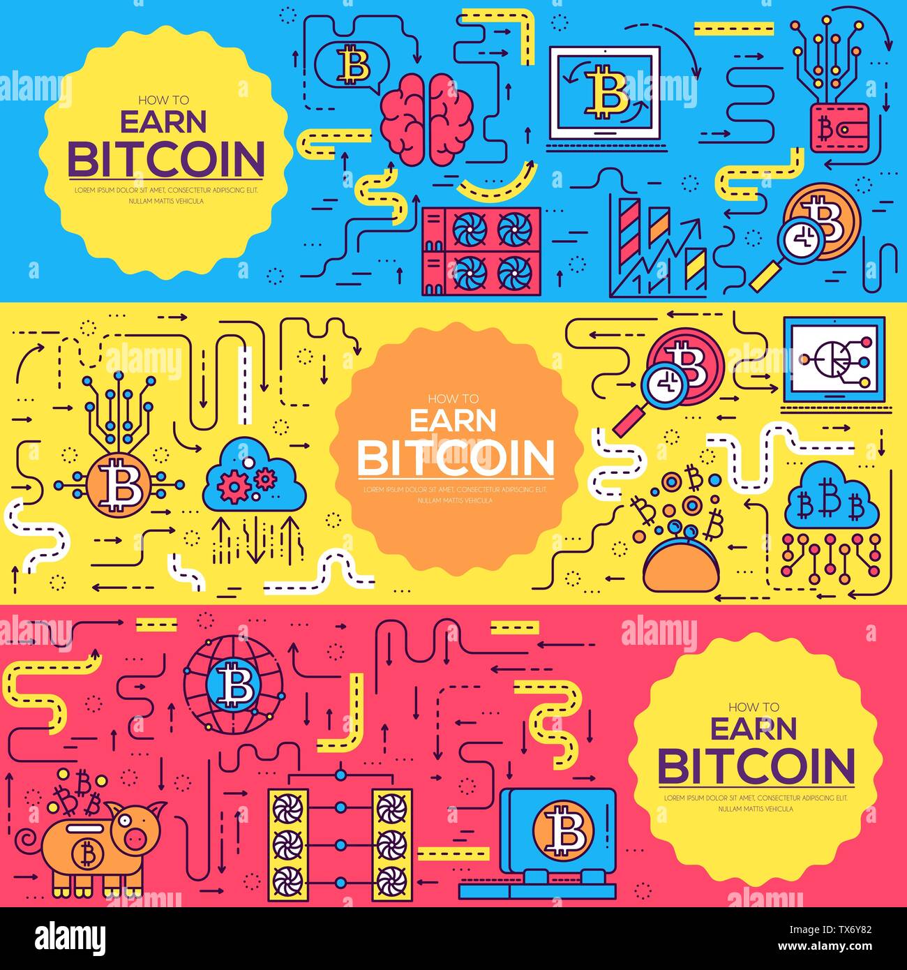 Bitcoin Outline Icons Collection Set Modern Technologies Linear Symbol