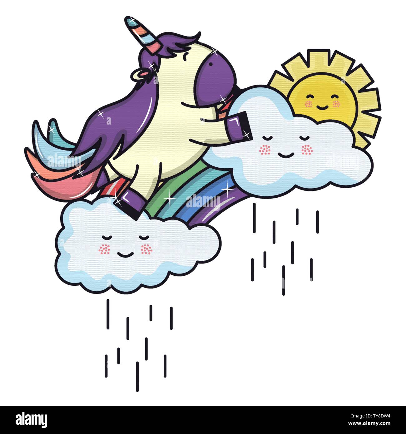 Cute Adorable Unicorn With Clouds Rainy And Rainbow Vector Illustration